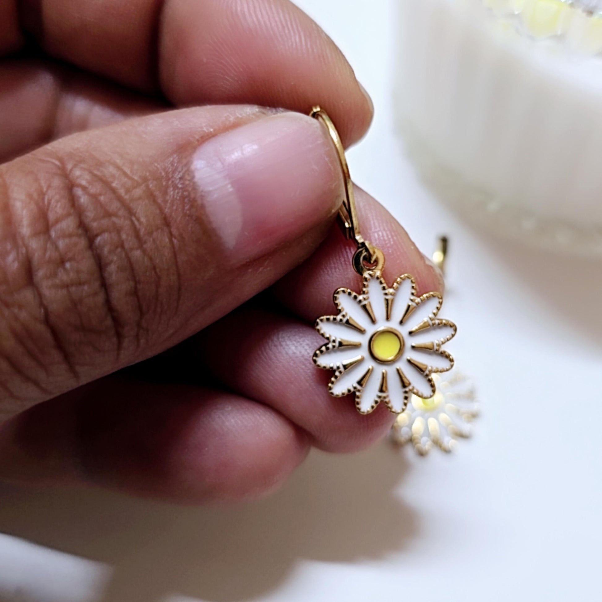 Stainless steel Daisy earrings gold filled enamel hand painted , Floral earrings gift for her , Flower girl earrings