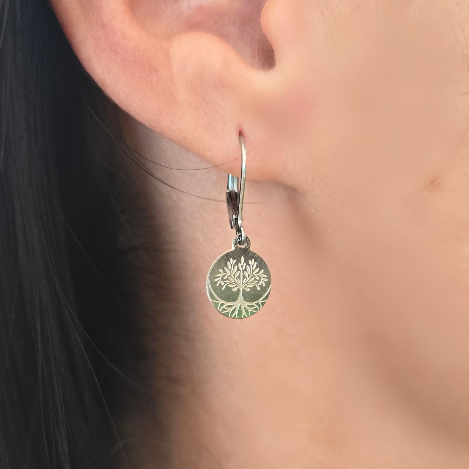 Tree of life earrings , tiny hoop earrings, small hoop earrings, Tree of life earring hoops , tree of life silver stainless steel earrings