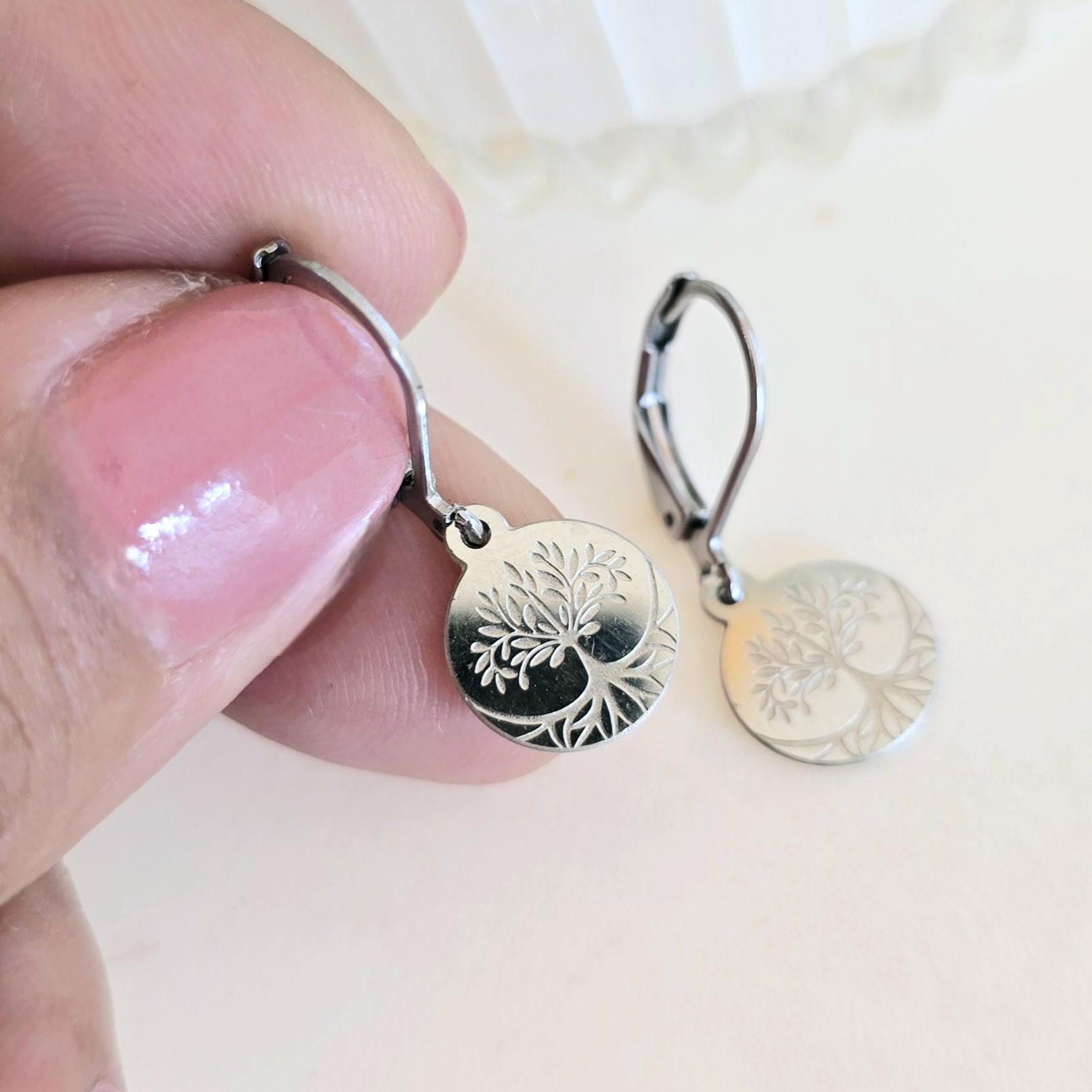 Tree of life earrings , tiny hoop earrings, small hoop earrings, Tree of life earring hoops , tree of life silver stainless steel earrings