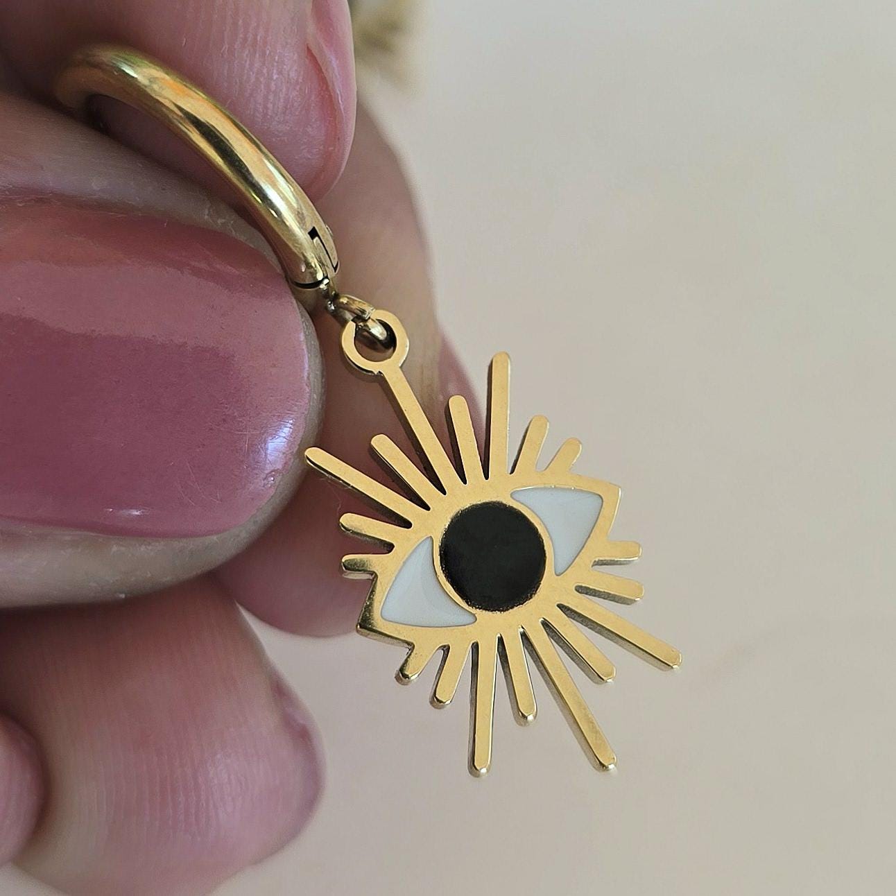 Gold-Filled Evil Eye Hoop Earrings - Stainless Steel with Sunburst Design - Hypoallergenic Dainty Jewelry for Everyday Wear - Gift for her