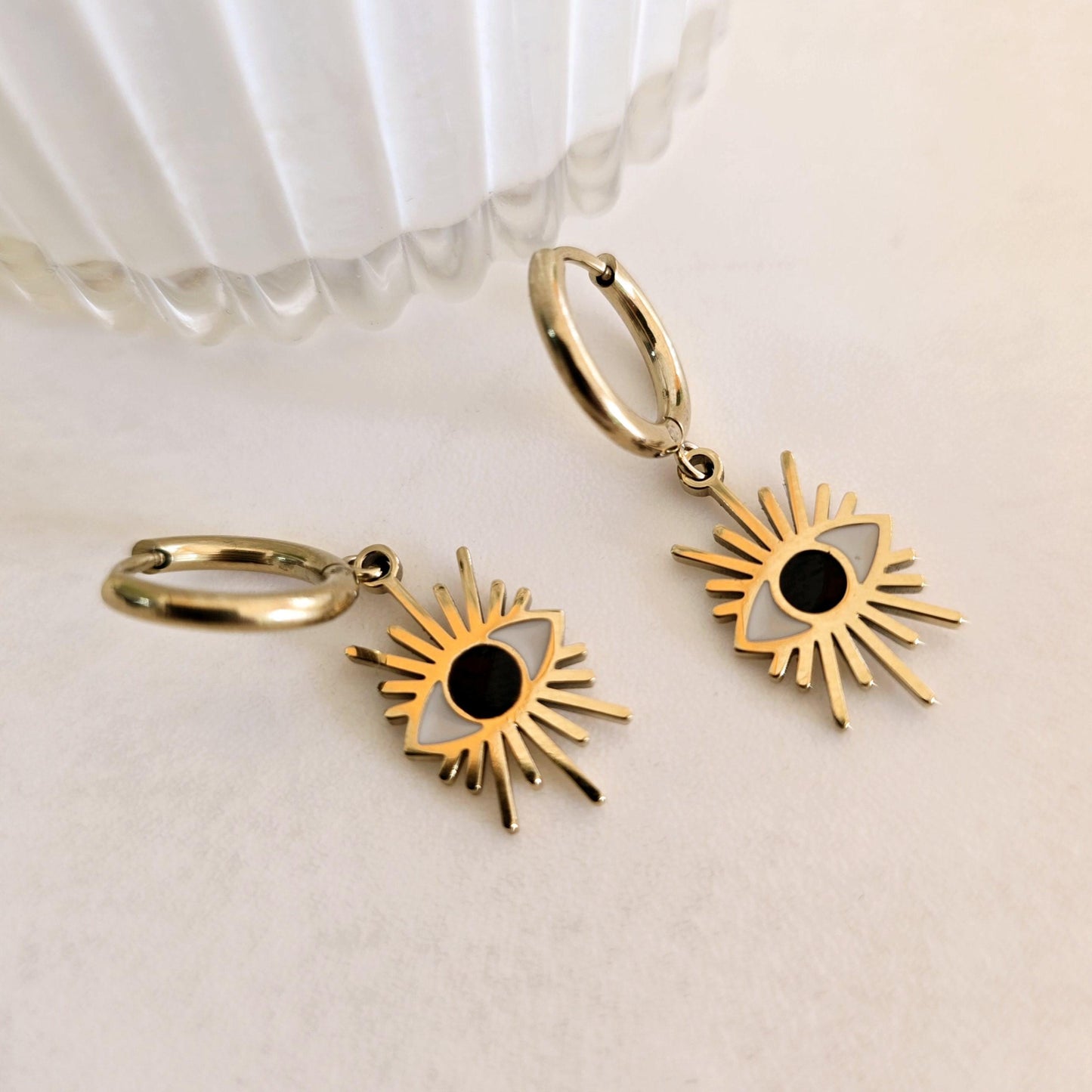 Gold-Filled Evil Eye Hoop Earrings - Stainless Steel with Sunburst Design - Hypoallergenic Dainty Jewelry for Everyday Wear - Gift for her