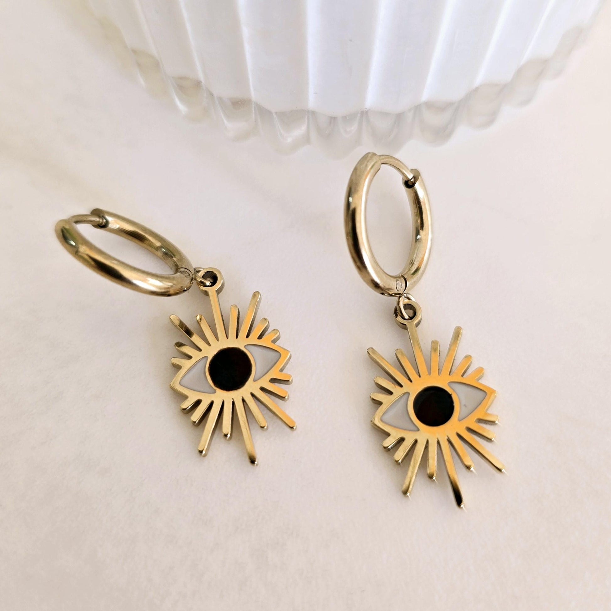 Gold-Filled Evil Eye Hoop Earrings - Stainless Steel with Sunburst Design - Hypoallergenic Dainty Jewelry for Everyday Wear - Gift for her