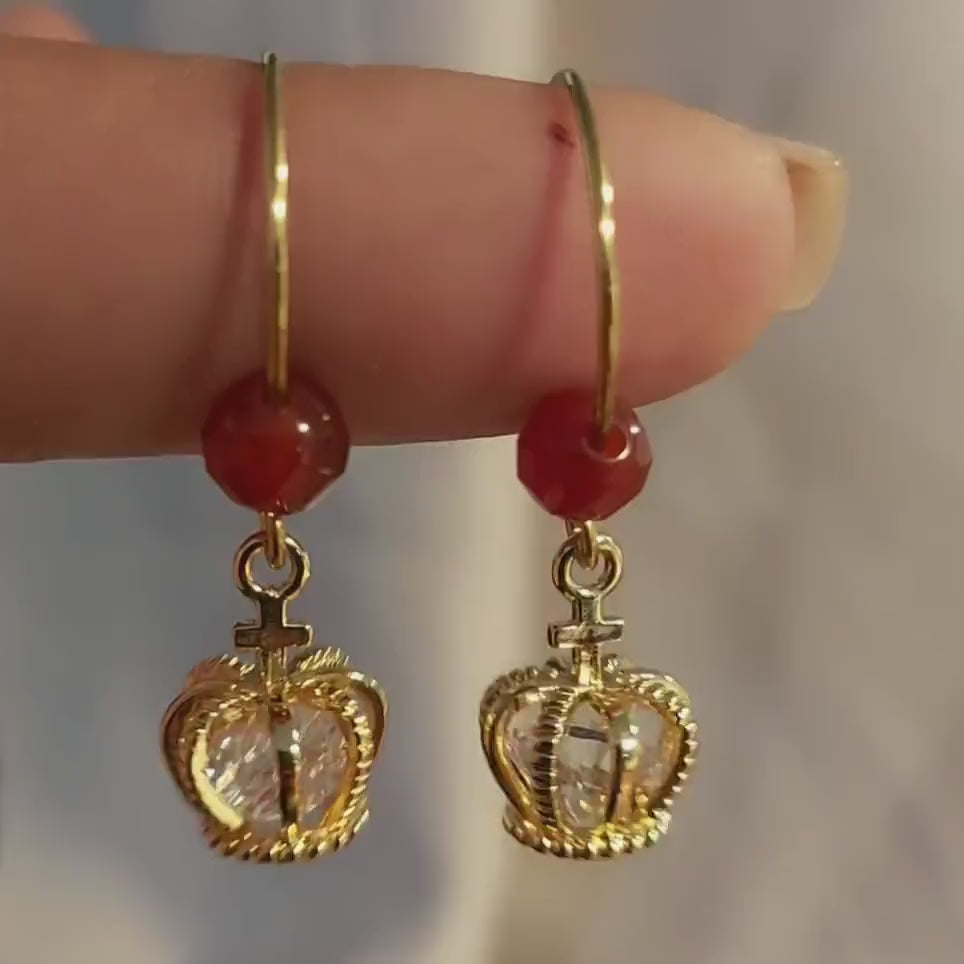 Carnelian earrings with crown charm and cubic zirconia , gold earrings , statement earrings ,  Crown dangle earrings with Carnelian