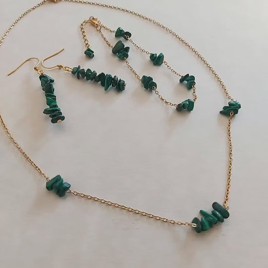 Malachite bracelet necklace and earrings set